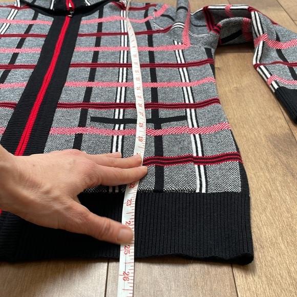 Alison Sheri plaid checkered cardigan jacket zip up L red white black collar - Picture 12 of 14